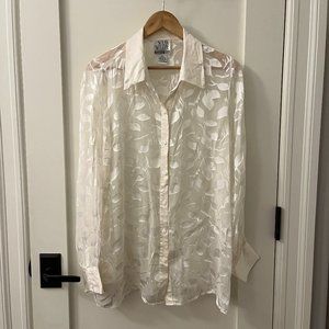 Vintage Silk Button-down Blouse with Leaf-like Embossed Print